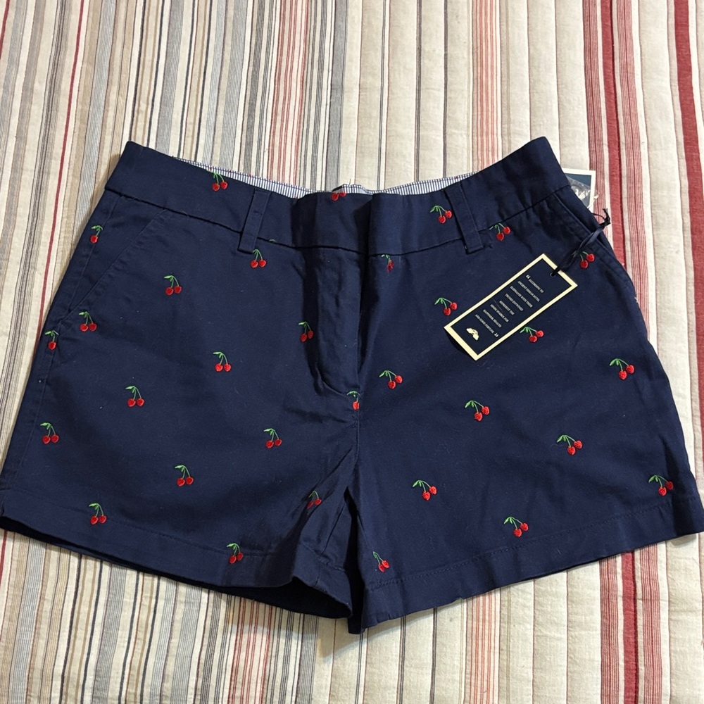 Navy Cherry Embroidered Women Shorts